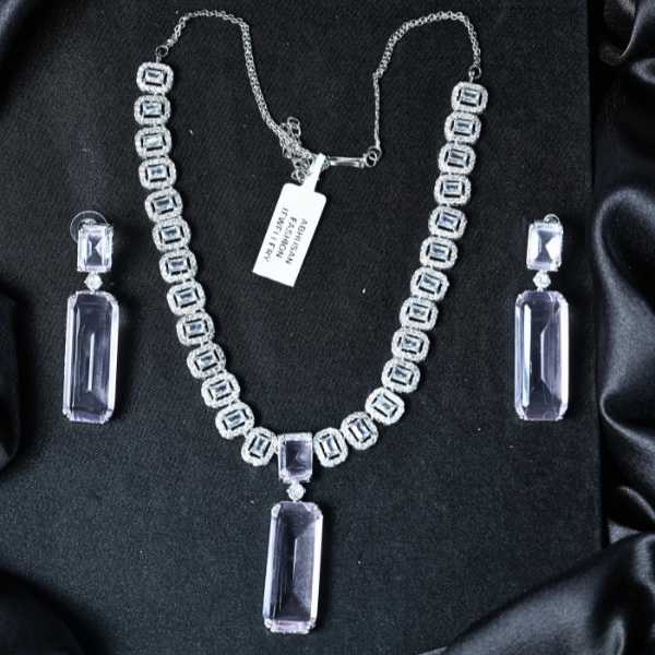 Silver Finish Ad Necklace Set With Geometric White Stones