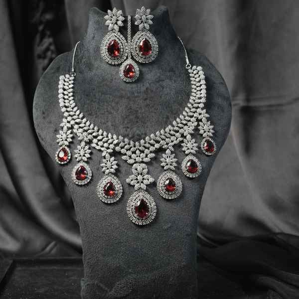 Wedding Diamond Necklace Set With Red Teardrop Stones