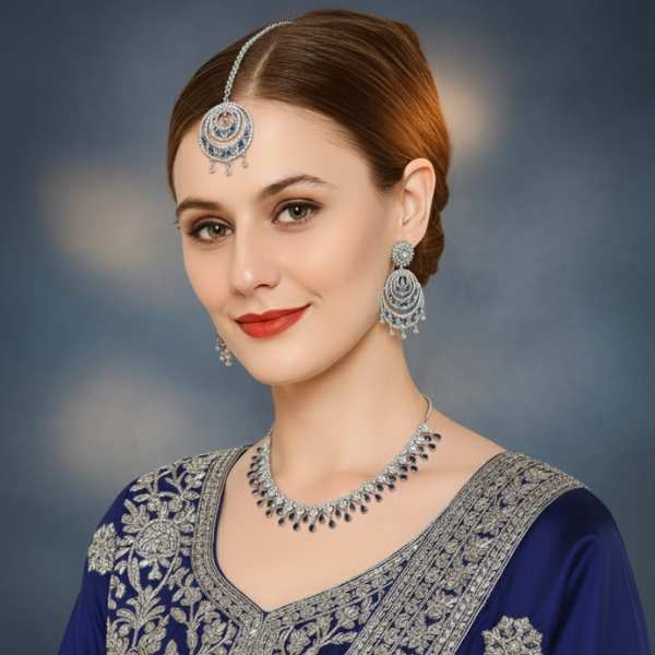 Royal Oxidised Ad Necklace Set With Blue Stones