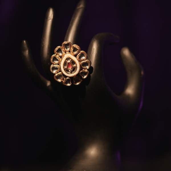 Antique Floral Kundan Ring With Red Stone